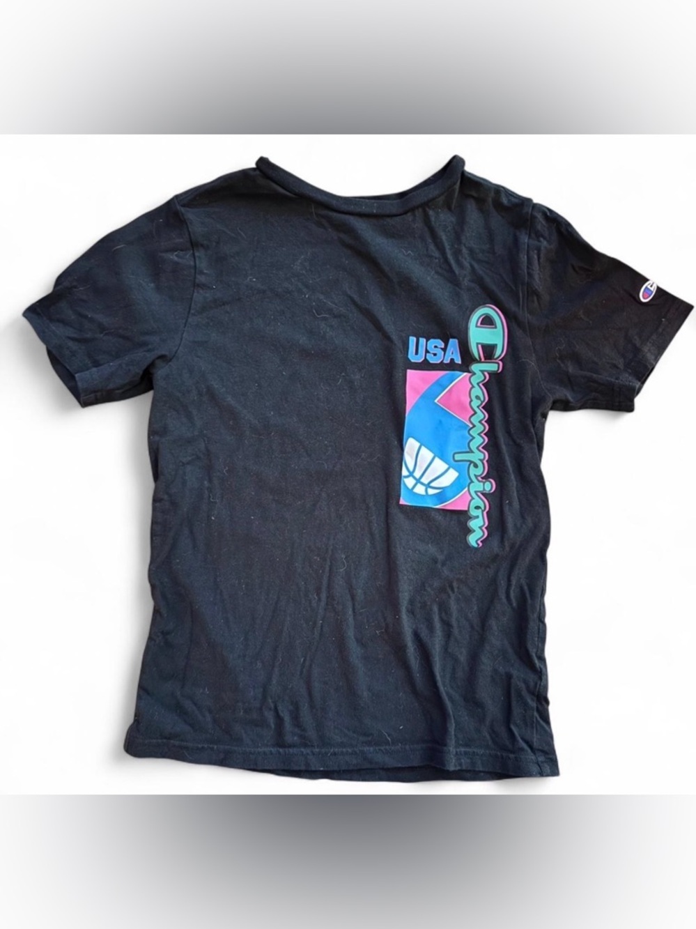 Champion Black Tee with Teal Pink and Blue USA Graphic